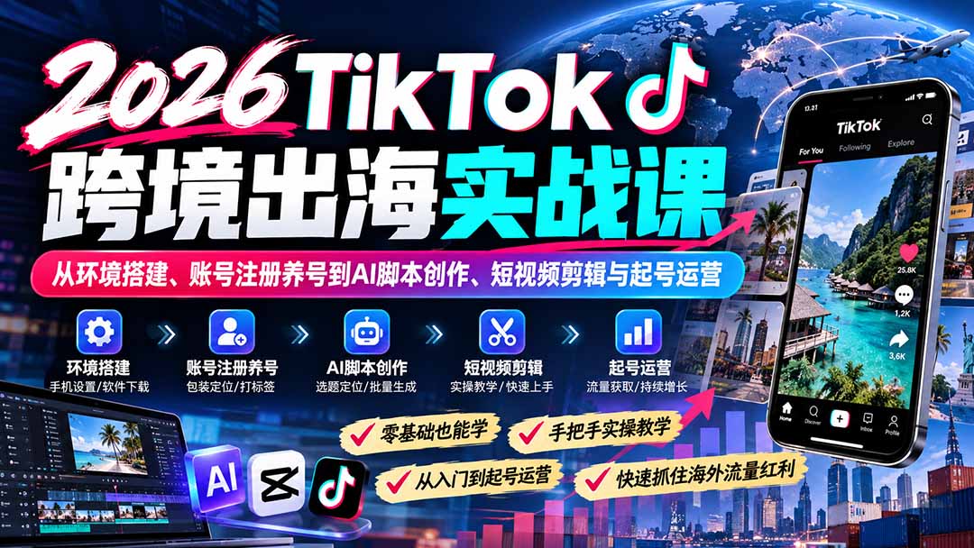 2026TikTok跨境出海实战课:从环境搭建、账号注册养号到AI脚本创作、短视频剪辑与起号运营-朽念云创
