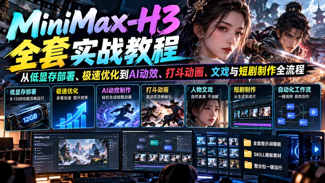 MiniMax-H3全套实战教程:从低显存部署、极速优化到AI动效、打斗动画、文戏与短剧制作全流程-朽念云创