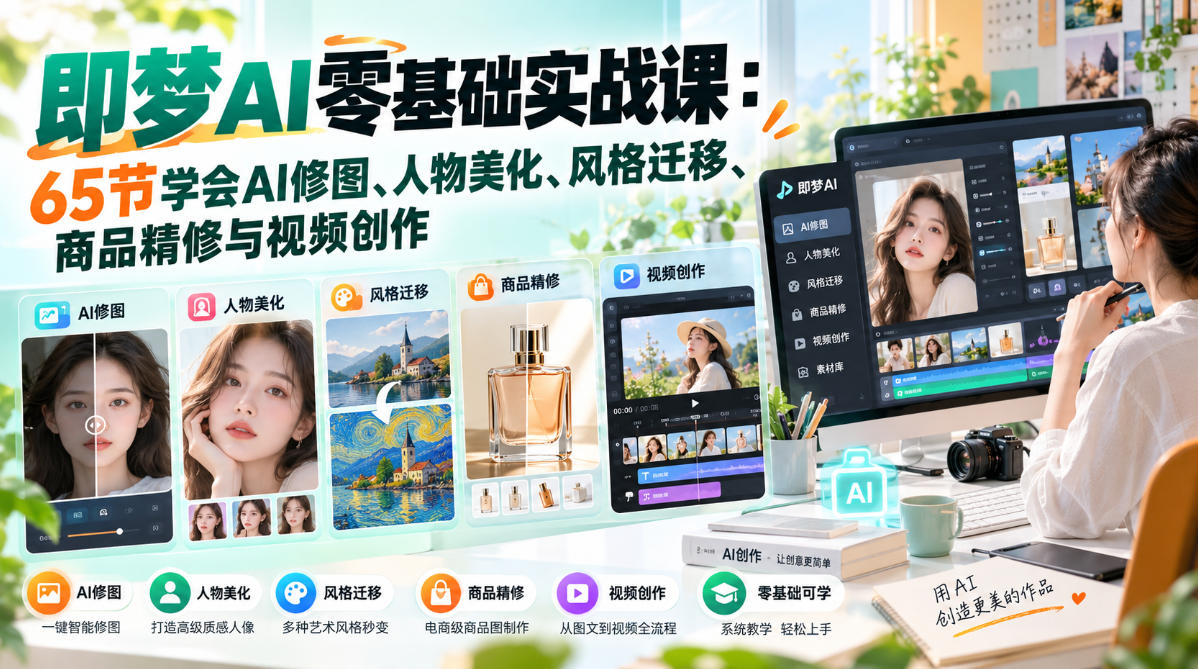 即梦AI零基础实战课：65节学会AI修图、人物美化、风格迁移、商品精修与视频创作-朽念云创