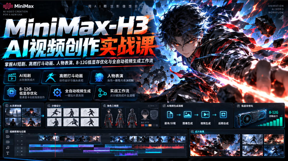 MiniMax-H3 AI视频创作实战课,掌握AI短剧、高燃打斗动画、人物表演、8-12G低显存优化与全自动视频生成工作流-朽念云创