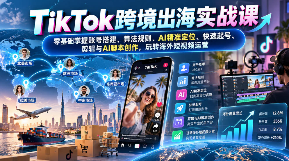 TikTok跨境出海实战课：零基础掌握账号搭建、算法规则、AI精准定位、快速起号、剪辑与AI脚本创作，玩转海外短视频运营-朽念云创