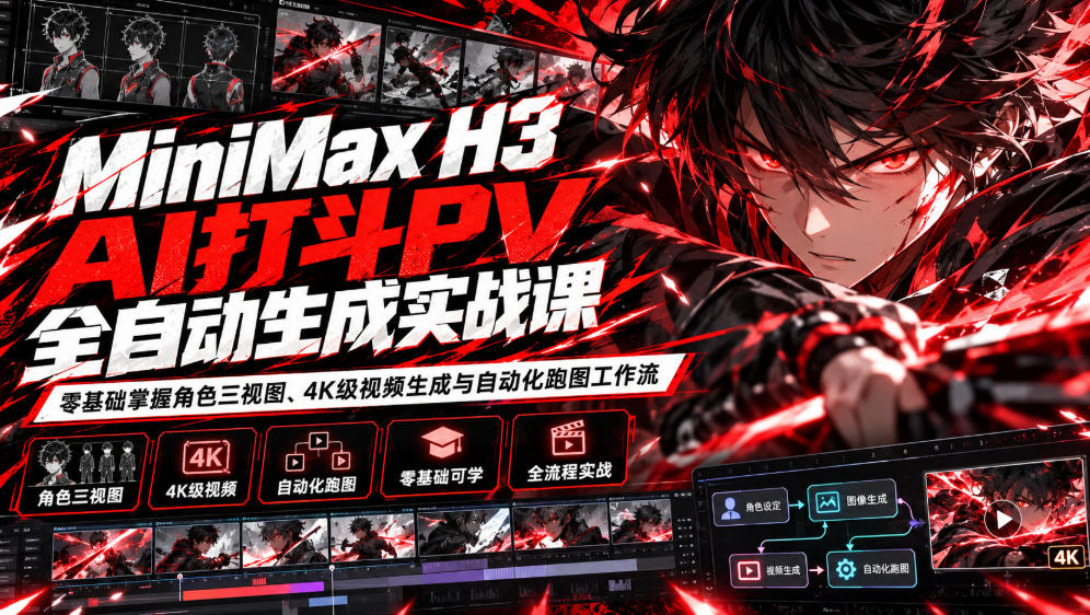 MiniMax H3 AI打斗PV全自动生成实战课：零基础掌握角色三视图、4K级视频生成与自动化跑图工作流-朽念云创