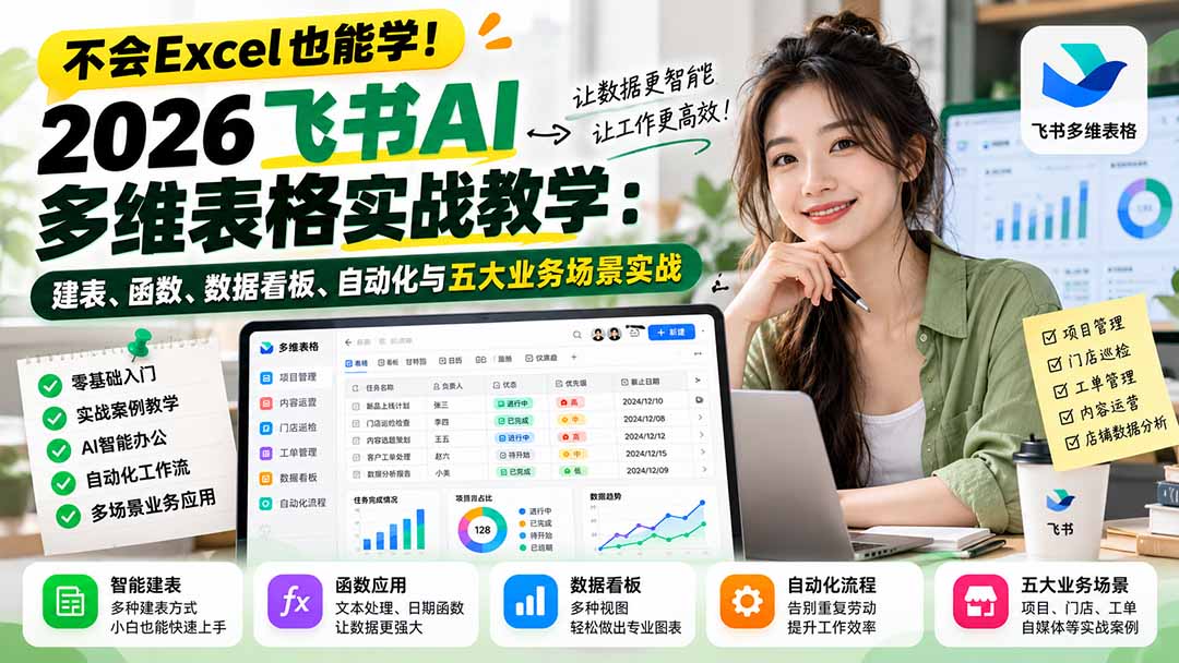 不会Excel也能学！2026飞书AI多维表格实战教学：建表、函数、数据看板、自动化与五大业务场景实战-朽念云创