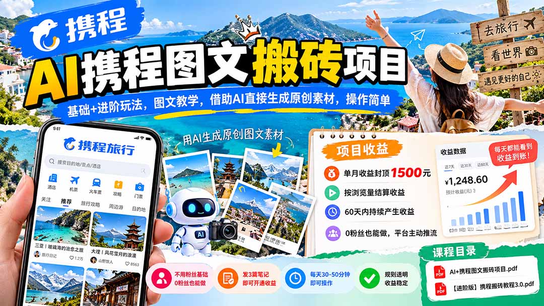 AI携程图文搬砖项目，基础+进阶玩法，图文教学，借助AI直接生成原创素材，操作简单-朽念云创