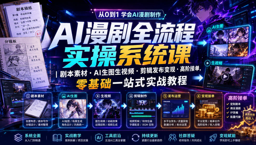 AI漫剧全流程实操系统课｜剧本素材・AI生图生视频・剪辑发布变现・高阶接单，零基础一站式实战教程(更新1027)-朽念云创