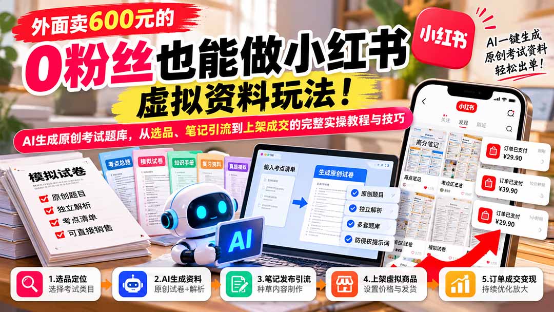 外面卖600元的 零粉丝也能做小红书虚拟资料玩法！AI生成原创考试题库，从选品、笔记引流到上架成交的完整实操教程-朽念云创