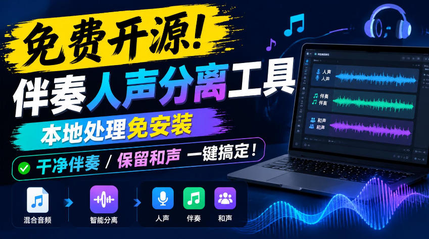 免费开源!伴奏人声分离工具,本地处理免安装,干净伴奏,保留和声一键搞定!-朽念云创