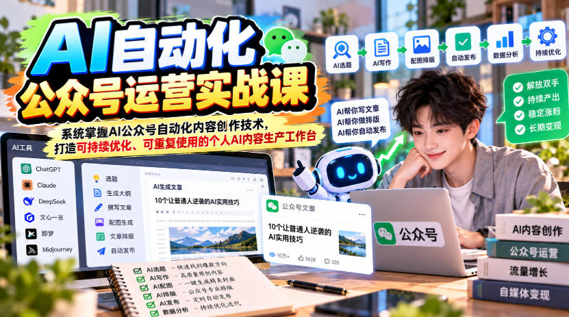 AI自动化公众号运营实战课,系统掌握AI公众号自动化内容创作技术,打造可持续优化、可重复使用的个人AI内容生产工作台-朽念云创