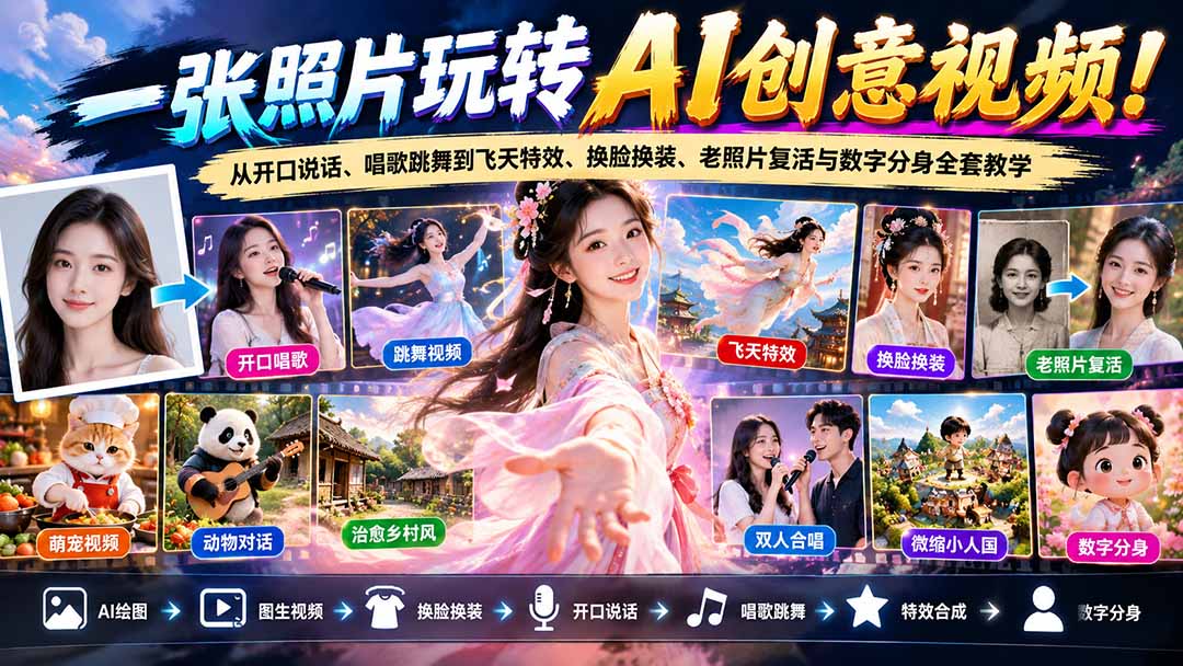 一张照片玩转AI创意视频！从开口说话、唱歌跳舞到飞天特效、换脸换装、老照片复活与数字分身全套教学-朽念云创