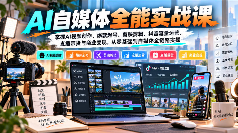 【无水印】AI自媒体全能实战课，掌握AI视频创作、爆款起号、剪映剪辑、抖音流量运营、直播带货与商业变现，从零基础到自媒体全链路实操-朽念云创