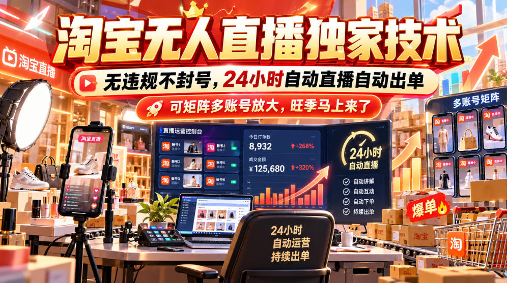 淘宝无人直播独家技术，无违规不封号，24小时自动直播自动出单，可矩阵多账号放大，旺季马上来了【揭秘】-朽念云创