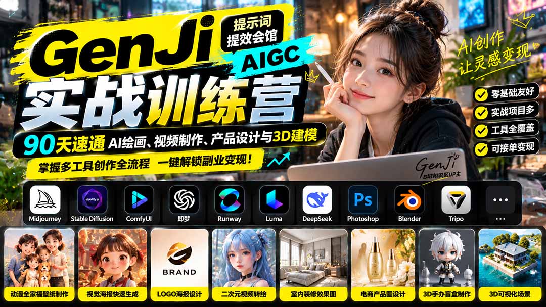 GenJi AIGC实战训练营：90天速通AI绘画、视频制作、产品设计与3D建模，掌握多工具创作全流程-朽念云创
