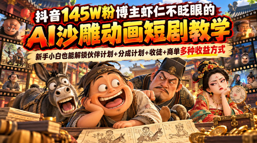 抖音145W粉博主虾仁不眨眼的AI沙雕动画短剧教学，新手小白也能解锁伙伴计划+分成计划+收徒+商单多种收益方式-朽念云创