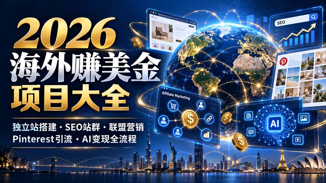 2026海外赚美金项目大全:独立站搭建、SEO站群、联盟营销、Pinterest引流与AI变现全流程-朽念云创