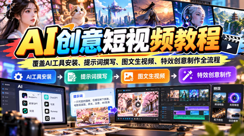 AI创意短视频教程,覆盖AI工具安装、提示词撰写、图文生视频、特效创意制作全流程-朽念云创