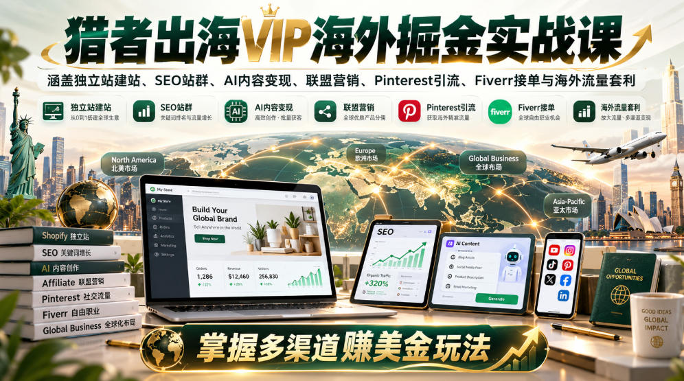 猎者出海VIP海外掘金实战课：涵盖独立站、SEO站群、AI变现、联盟营销、Pinterest引流、Fiverr接单与海外流量套利，掌握多渠道賺美金玩法-朽念云创