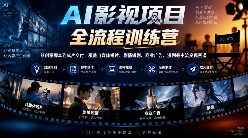 AI影视项目全流程训练营，从创意脚本到成片交付，覆盖自媒体短片、剧情短剧、商业广告、漫剧等主流变现赛道-朽念云创