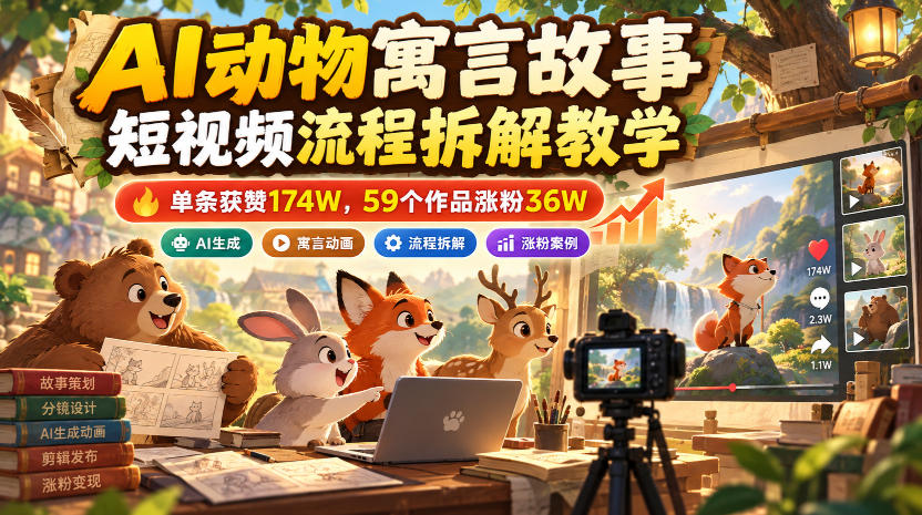 AI动物寓言故事短视频流程拆解教学，单条获赞174W，59个作品涨粉36W-朽念云创