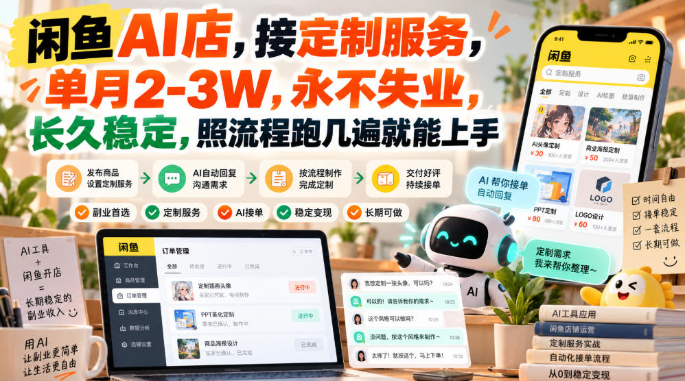 闲鱼AI店,接定制服务,单月2-3W,永不失业,长久稳定,照流程跑几遍就能上手-朽念云创
