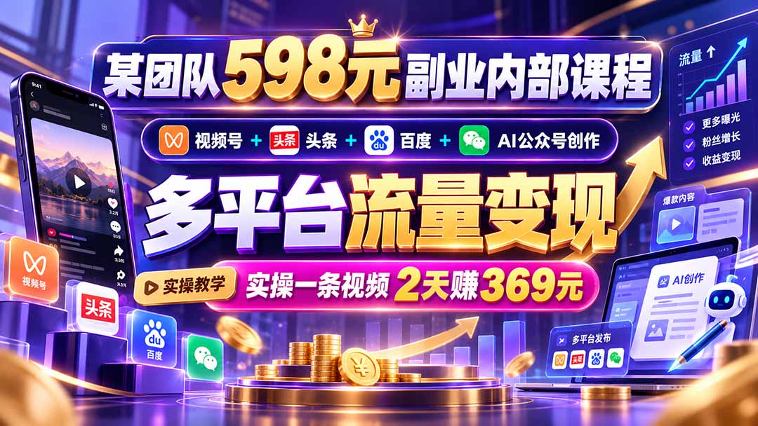 某团队598元副业内部课程：视频号+头条+百度+AI公众号创作、多平台流量变现，实操一条视频2天赚369元-朽念云创