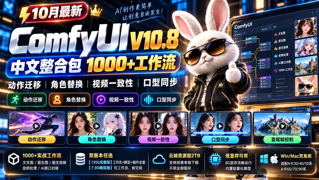 10月最新ComfyUI V10.8中文整合包 1000+工作流 动作迁移 角色替换 视频一致性 口型同步 低显存可用-朽念云创