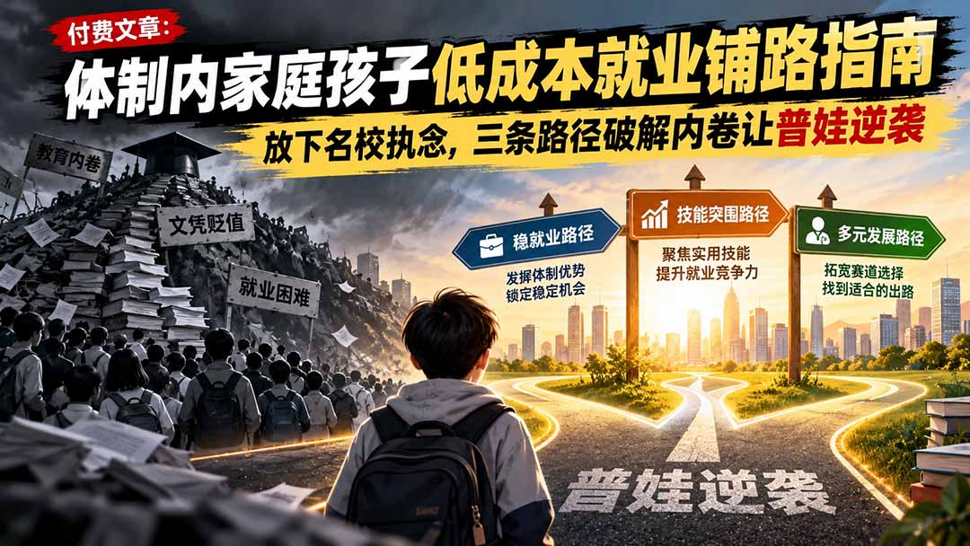 付费文章：体制内家庭孩子低成本就业铺路指南，放下名校执念，三条路径破解内卷让普娃逆袭-朽念云创
