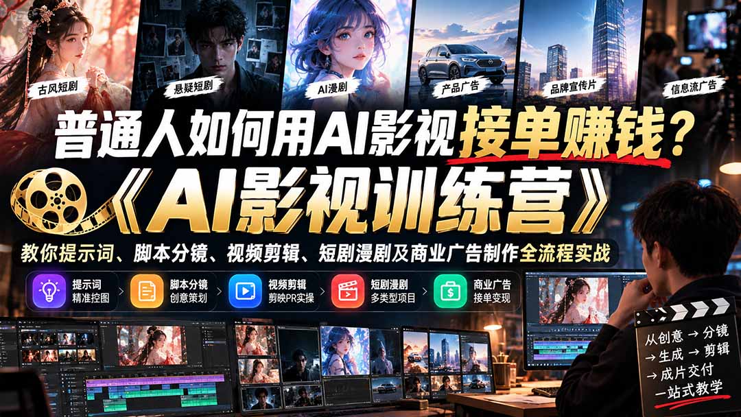 普通人如何用AI影视接单赚钱？《AI影视训练营》教你提示词、脚本分镜、视频剪辑、短剧漫剧及商业广告制作全流程实战-朽念云创