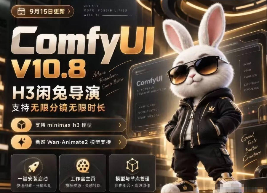 ComfyUI V10.8中文整合包，H3闲兔导演，支持无限分镜无限时长，1000+工作流，动作迁移，角色替换，视频一致性，口型同步，低显存可用-朽念云创