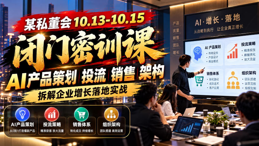 某私董会10.13-10.15闭门密训课,AI产品策划投流销售架构,拆解企业增长落地实战-朽念云创