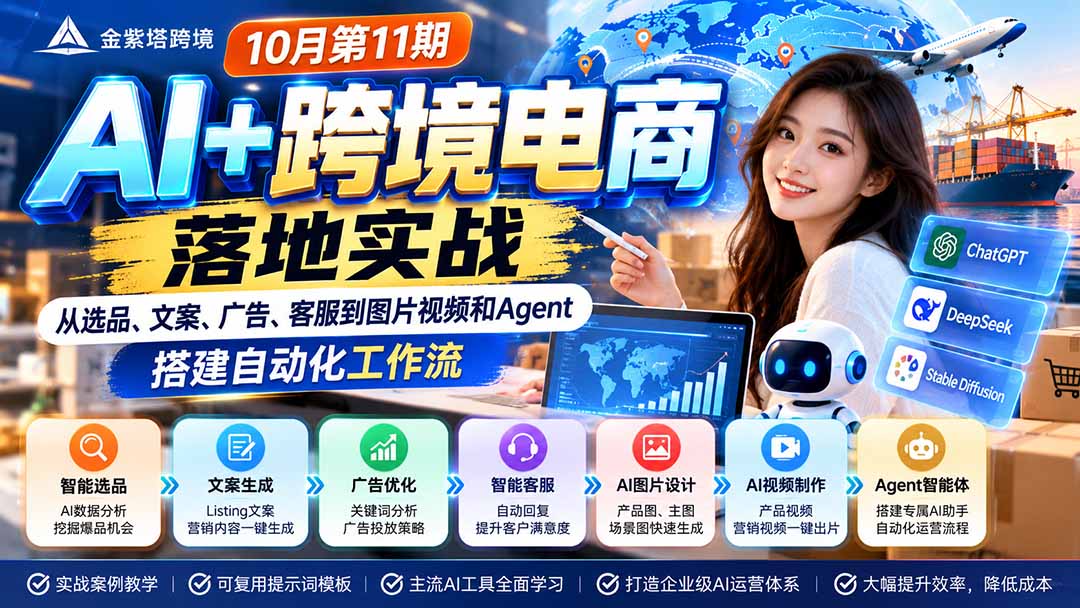 2026 AI+跨境电商落地实战10月第11期：从选品、文案、广告、客服到图片视频和Agent，搭建自动化工作流-朽念云创