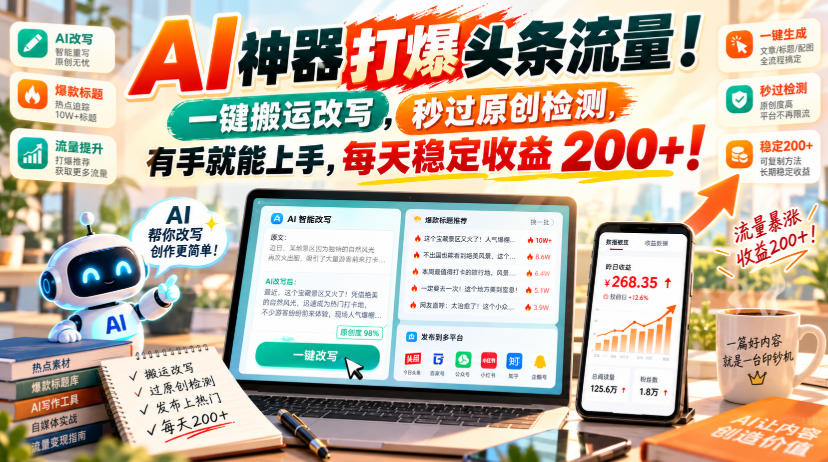 AI神器打爆头条流量，一键搬运改写，秒过原创检测，有手就能上手，每天稳定收益200+！【揭秘】-朽念云创