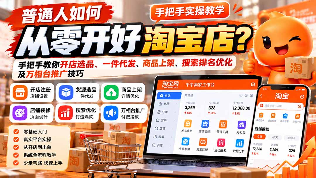 普通人如何从零开好淘宝店？手把手教你开店选品、一件代发、商品上架、搜索排名优化及万相台推广技巧-朽念云创