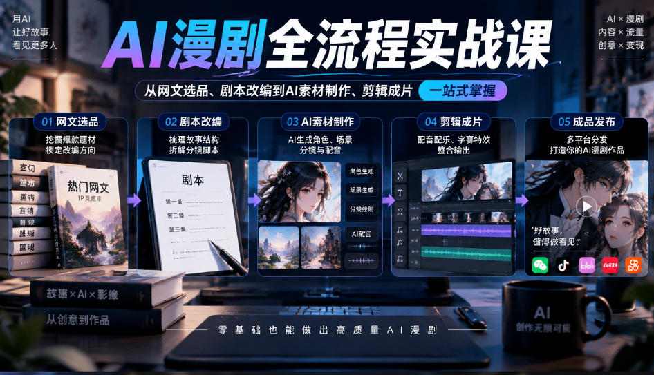 AI漫剧全流程实战课,覆盖从网文选品、剧本改编到AI素材制作、剪辑成片的完整链路-朽念云创