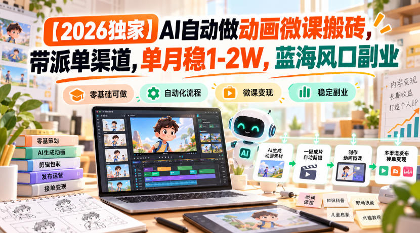 【2026独家】AI自动做动画微课搬砖，带派单渠道，单月稳1-2W，蓝海风口副业【揭秘】-朽念云创