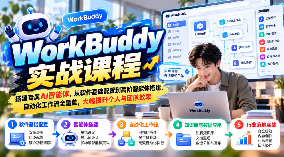 WorkBuddy实战课程，搭建专属AI智能体，从软件基础配置到高阶智能体搭建、自动化工作流全覆盖，大幅提升个人与团队效率-朽念云创