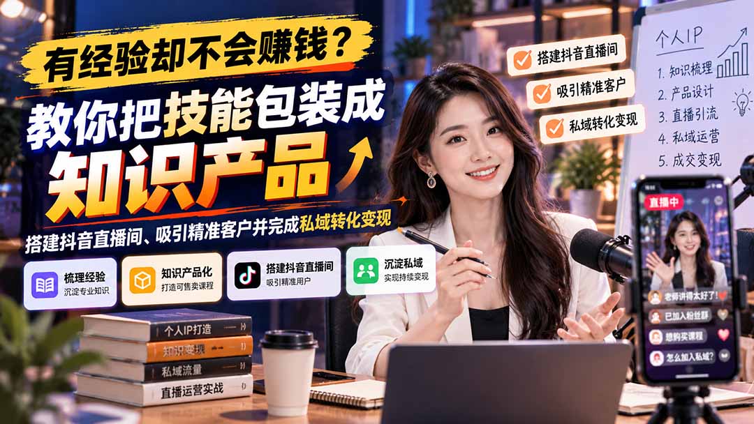 有经验却不会赚钱？教你把技能包装成知识产品，搭建抖音直播间、吸引精准客户并完成私域转化变现-朽念云创