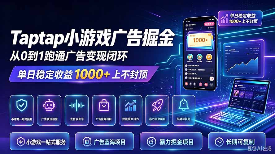 TapTap小游戏广告掘金日赚收益1000+上不封顶-朽念云创