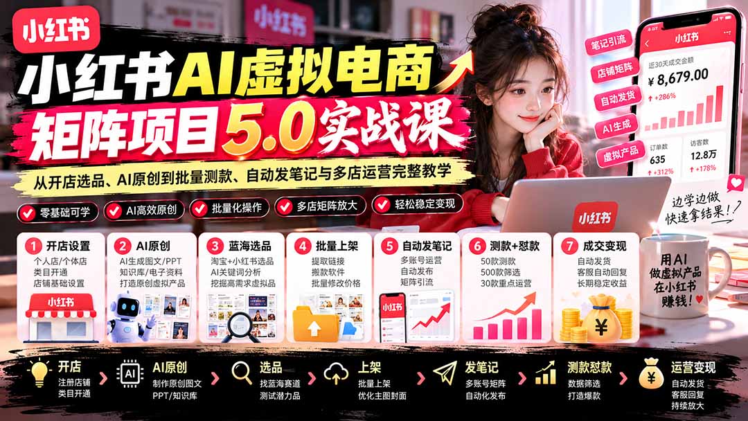 小红书AI虚拟电商矩阵5.0实战课：从开店选品、AI原创到批量测款、自动发笔记与多店运营完整教学-朽念云创