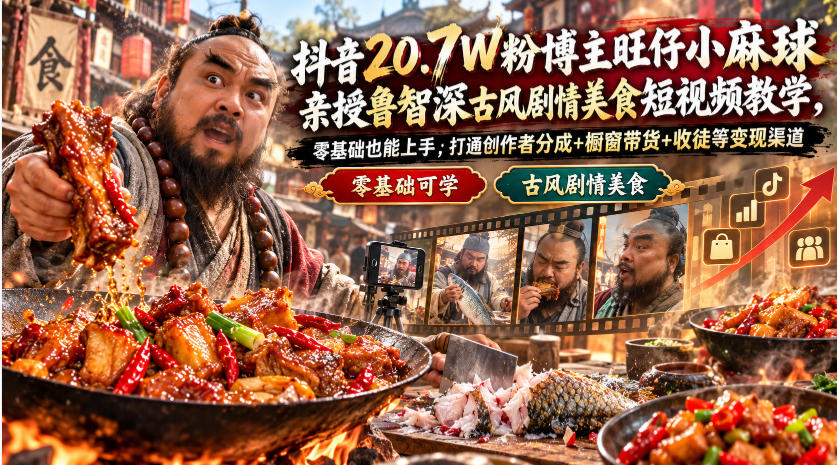 抖音20.7W粉博主旺仔小麻球亲授鲁智深古风剧情美食短视频教学，零基础也能上手，打通创作者分成+橱窗带货+收徒等变现渠道-朽念云创