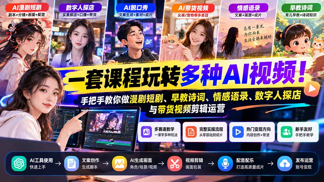 【无水印】一套课程玩转多种AI视频！手把手教你做漫剧短剧、早教诗词、情感语录、数字人探店与带货视频剪辑运营-朽念云创