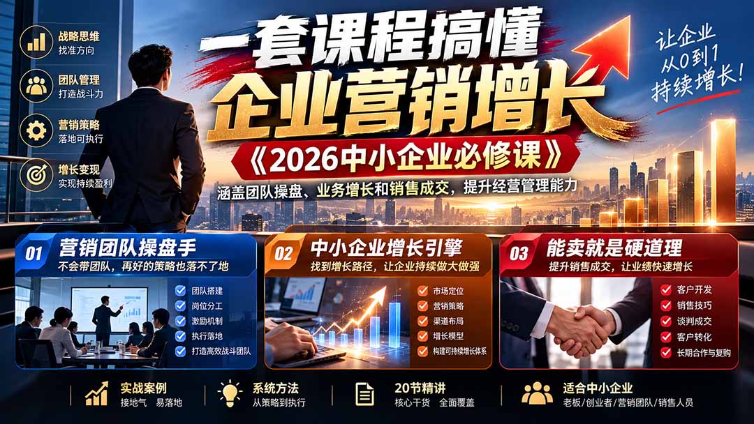 一套课程搞懂企业营销增长《2026中小企业必修课》涵盖团队操盘、业务增长和销售成交,提升经营管理能力-朽念云创