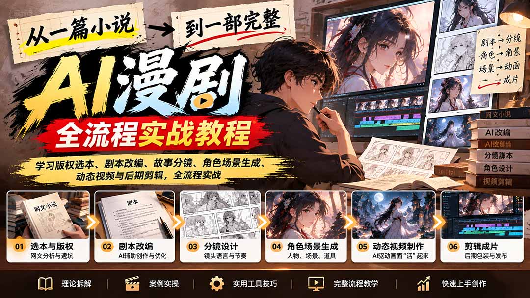 从一篇小说到一部完整AI漫剧：学习版权选本、剧本改编、故事分镜、角色场景生成、动态视频与后期剪辑-朽念云创