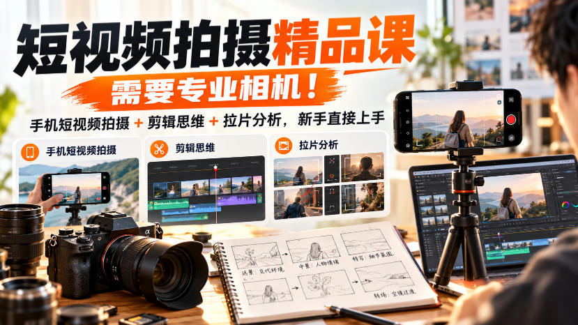 短视频拍摄精品课，需要专业相机！手机短视频拍摄+剪辑思维+拉片分析，新手直接上手-朽念云创