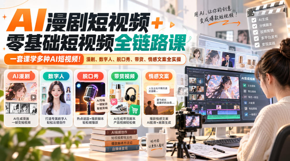 AI漫剧短视频+零基础短视频全链路课，一套课学多种AI短视频！漫剧、数字人、脱口秀、带货、情感文案全实操-朽念云创