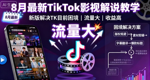 8月最新TikTok影视解说教学,新版解决TK目前困境,流量大,收益高-朽念云创