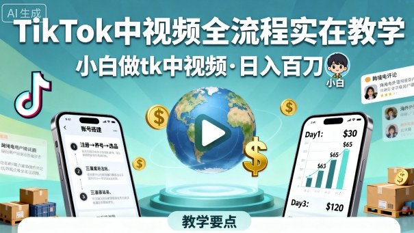 TikTok中视频全流程实操教学，小白做tk中视频，日入百刀-朽念云创