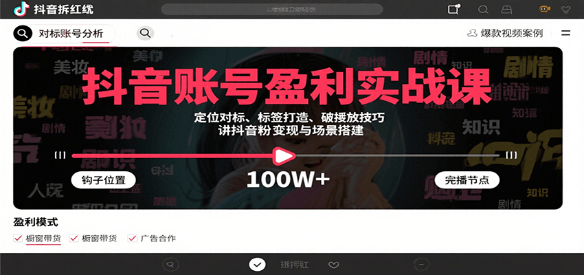 抖音账号盈利实战课，定位对标、标签打造、破播放技巧，讲涨粉变现与场景搭建-朽念云创