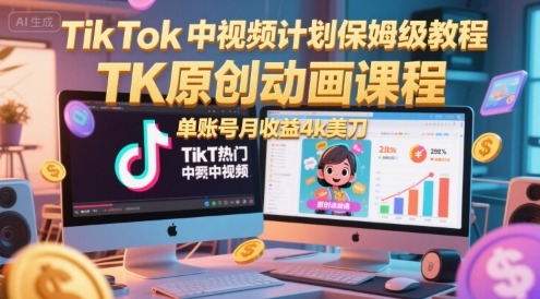 TikTok中视频计划保姆级教程，TK原创动画课程，单账号月收益4k美刀-朽念云创