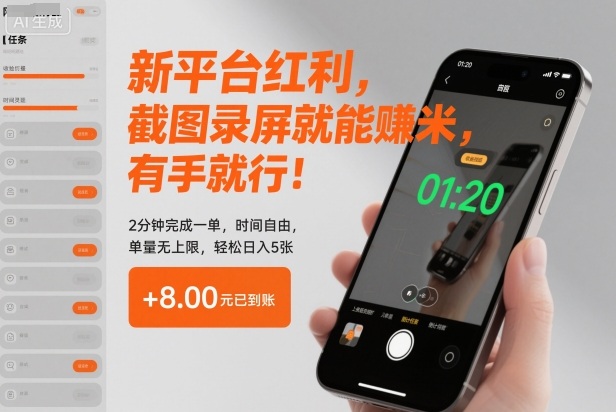 新平台红利，截图录屏就能賺米，有手就行！2分钟完成一单，时间自由，单量无上限，轻松日入5张【揭秘】-朽念云创