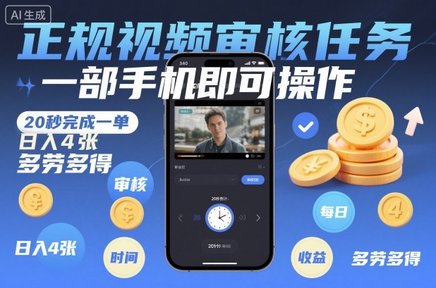 正规视频审核任务，一部手机即可操作，20秒完成一单，日入4张，多劳多得【揭秘】-朽念云创